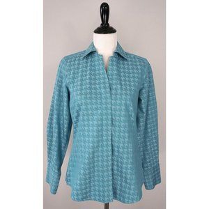 FOXCROFT NYC Heritage Non-Iron Blue Houndstooth Button Fitted Top Shirt Sz 6